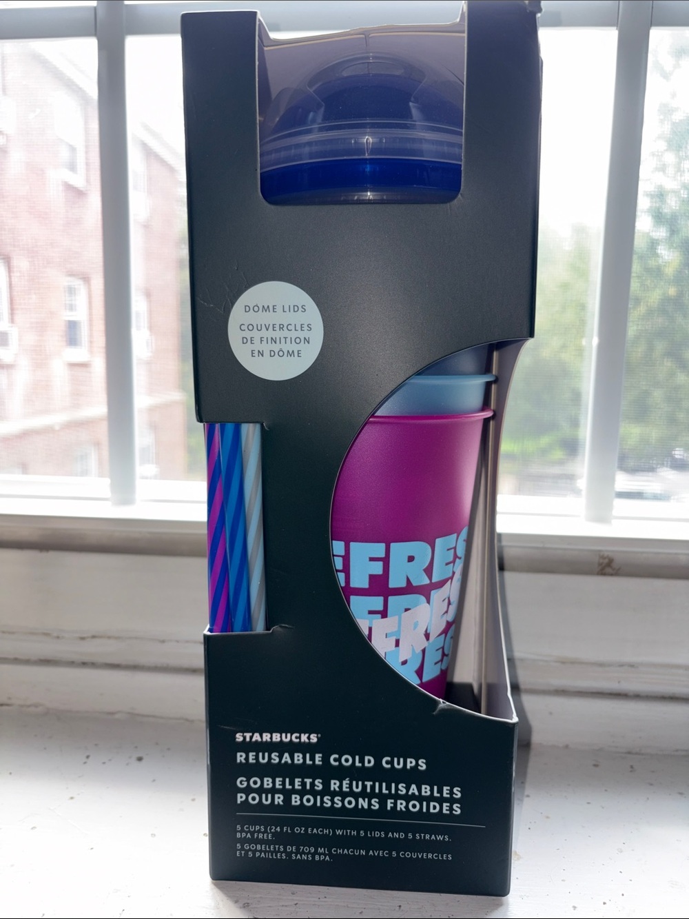 24oz Starbucks Pink and Blue Reusable DOME Cold Cup Set with Straws
